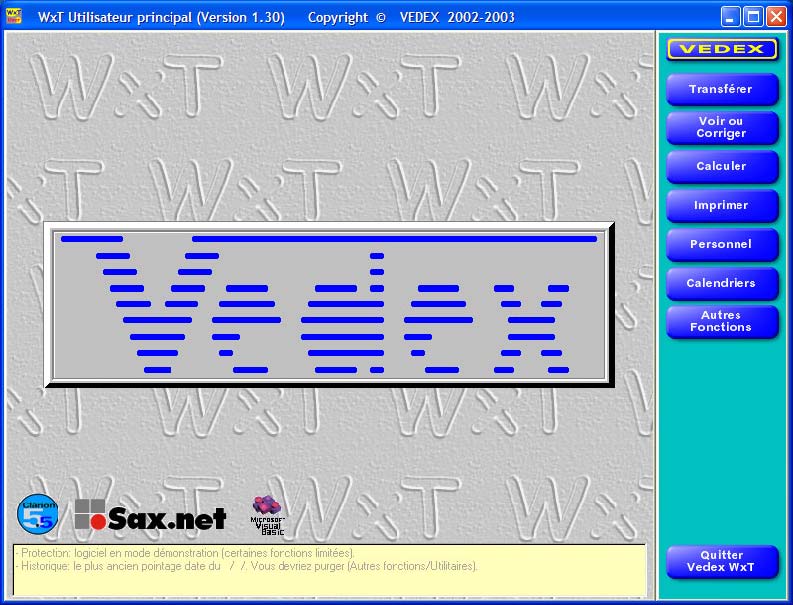 Ecran d'accueil du logiciel WXT pointage